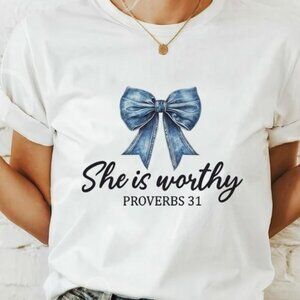 NWT Ivory Ladies She is Worthy Coquette Denim Bow Crew Neck Tee - Small Large